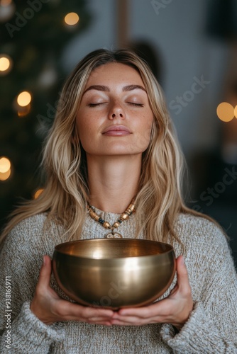 Young woman practicing mindfulness with a singing bowl in a serene outdoor se...