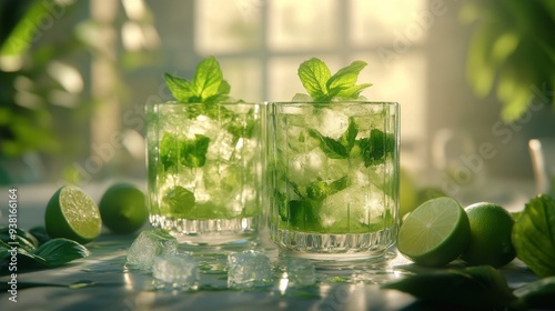 Fresh mojitos with mint and lime on a sunny afternoon table