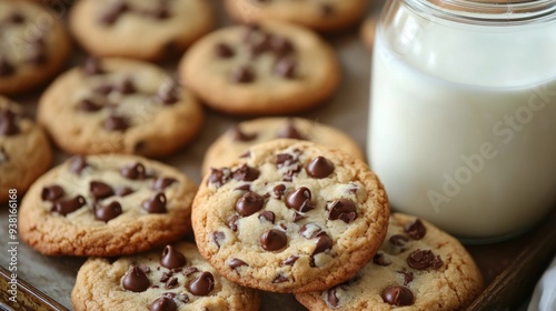 Freshly baked chocolate chip cookies with a glass of milk on a rustic tray
