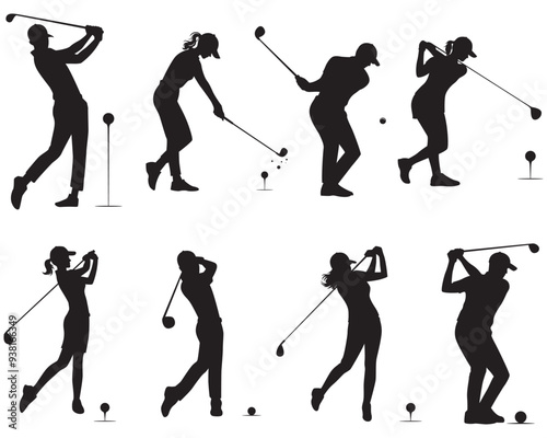 Collection of vector illustrations of professional male and women golfer silhouettes in golf ball hitting style eps 10