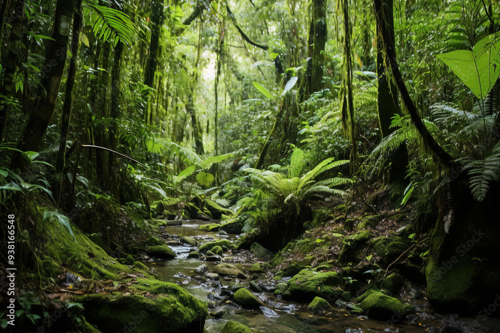 Obraz premium Lush Greenery and a Tranquil Stream in a Tropical Rainforest