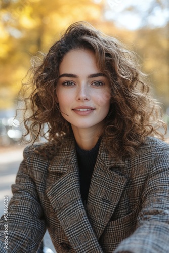Young woman with curly hair smiles on a bicycle during autumn in the park
