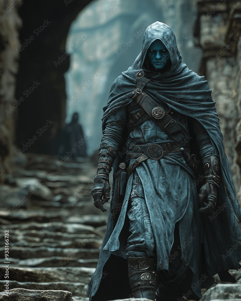 mysterious drow ranger with a stoic expression, draped in dark robes, descending ancient stone steps in a shadowy, ominous environment, ready for action mysterious drow ranger with a stoic expression, draped in dark robes, descending ancient stone steps in a shadowy, ominous environment, ready for action