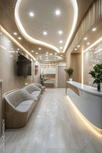 Modern reception area with sleek design and warm lighting in a contemporary s...