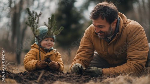 A young boy smiles while planting an orange tree with his grandfather in the ...