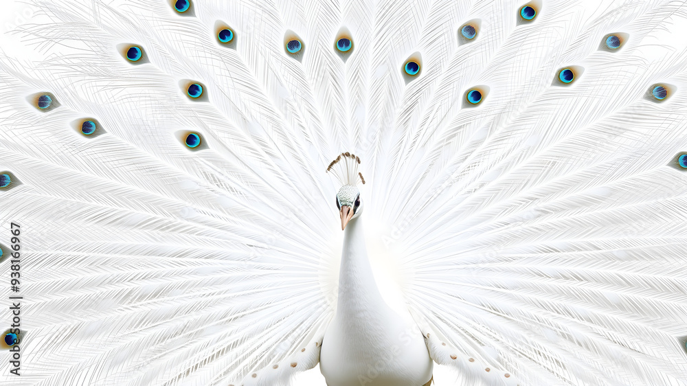 Fototapeta premium elegant white peacock with feathers spread, isolated on white background