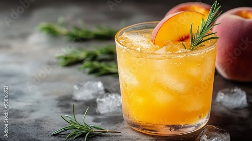 Refreshing peach cocktail with rosemary garnish and ice on a rustic countertop
