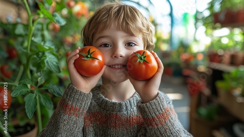 Happy child holding ripe tomatoes in a greenhouse garden on a sunny day