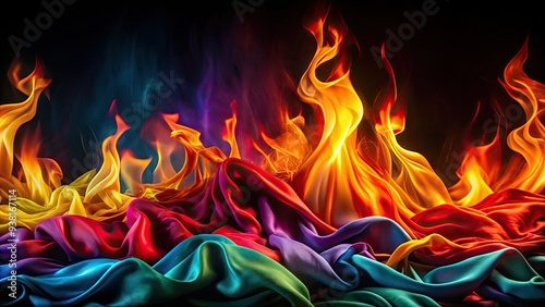 Blazing flames dance across a dark background, illuminating a vibrant strip of colorful fabric, creating a mesmerizing contrast of warmth and cool hues. photo