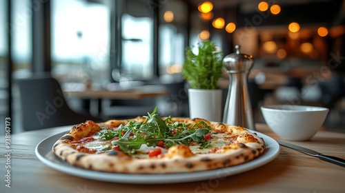 Freshly baked pizza topped with arugula served in a rustic restaurant setting