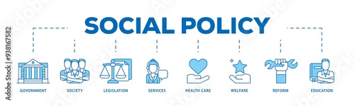 Social policy icon infographic illustration concept with icon of education, reform, services, welfare, health care ,legislation, society, government icon png and easy to edit 