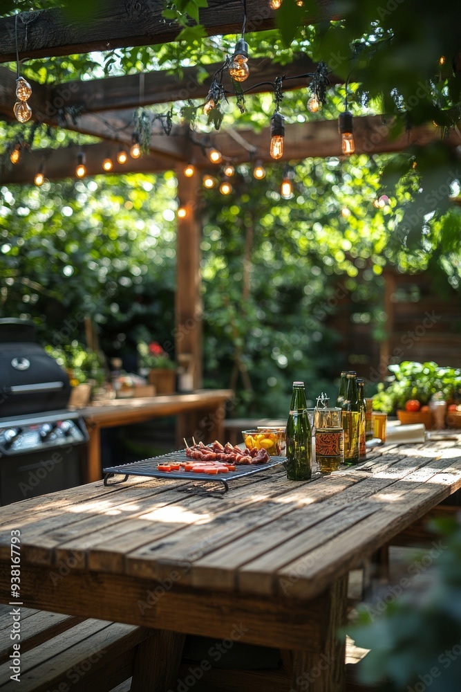 Outdoor barbecue gathering with grilled meats and fresh salads in a sunny setting Outdoor barbecue gathering with grilled meats and fresh salads in a sunny setting