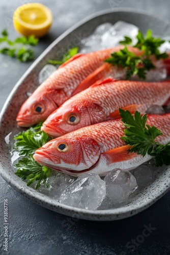Freshly prepared fish on ice with lemon and herbs in a restaurant display