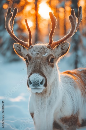 Reindeer stands in snowy forest at sunset with warm light filtering through t...
