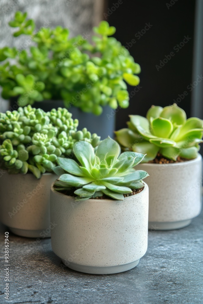 Succulent plants in minimalist pots on a stone surface in natural light Succulent plants in minimalist pots on a stone surface in natural light