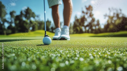Golfer preparing to putt on a sunny afternoon at a green golf course