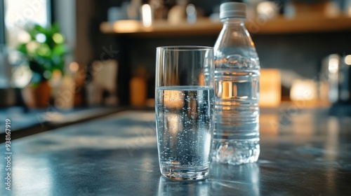 Clear glass of water beside a plastic bottle on a kitchen countertop