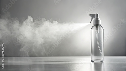 Bottle of clear disinfectant spray with a misty cloud emerging from the nozzle, standing on a sleek white surface amidst a clean and organized background. photo