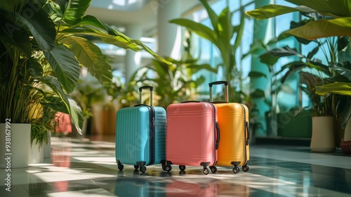 Colorful stacked luggage with a straw hat at a modern airport terminal