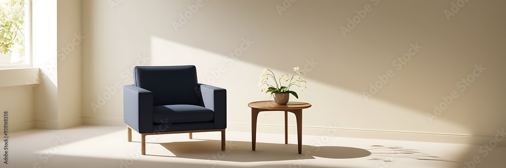 Home interior with blue armchair and sofa on empty wall background. interior design of modern living room Home interior with blue armchair and sofa on empty wall background. interior design of modern living room