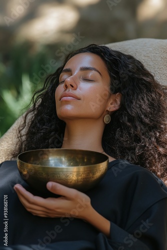 Young woman practicing mindfulness with a singing bowl in a serene outdoor se...