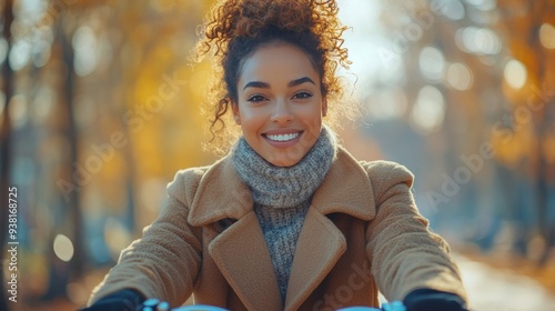 Young woman cycling through a park with autumn leaves in soft afternoon light