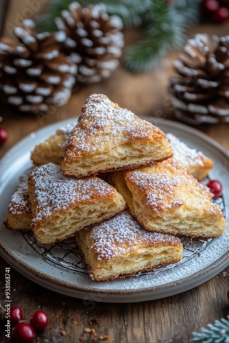 Freshly baked scones dusted with powdered sugar on a rustic wooden table