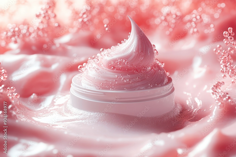 Pink Pampering: A swirl of luxurious face cream emerges from a bed of delicate bubbles, promising a sensorial skincare experience. Pink Pampering: A swirl of luxurious face cream emerges from a bed of delicate bubbles, promising a sensorial skincare experience.