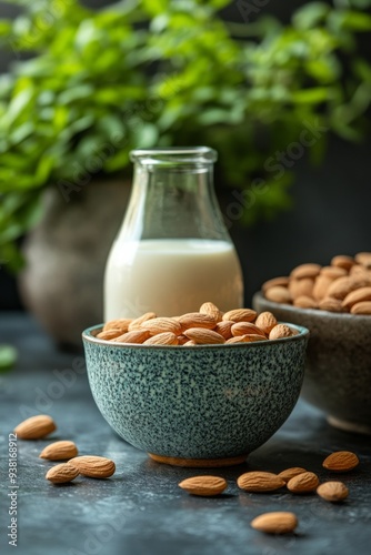 Almond milk and nuts arranged on textured background with rustic vibe photo