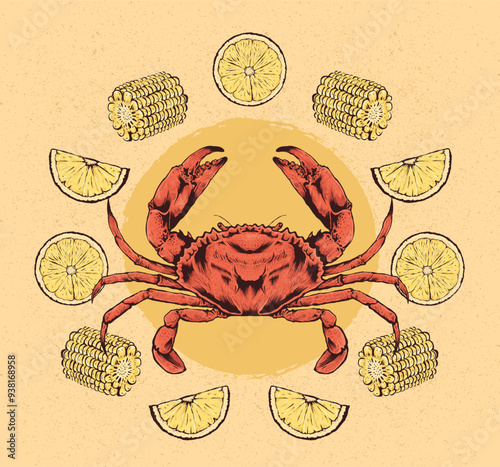 Hand Drawn Crab Illustration with Lemon and Corn