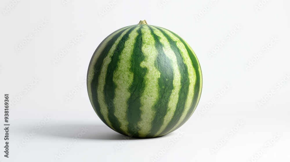 A whole, ripe watermelon with green stripes sits on a white background. A whole, ripe watermelon with green stripes sits on a white background.