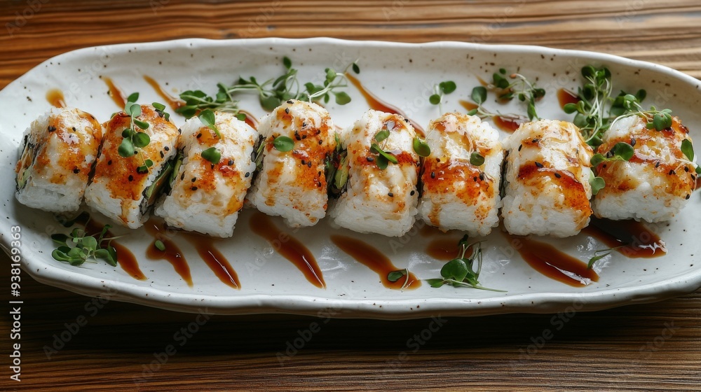 Grilled sushi rolls topped with sauce and herbs on a white plate Grilled sushi rolls topped with sauce and herbs on a white plate