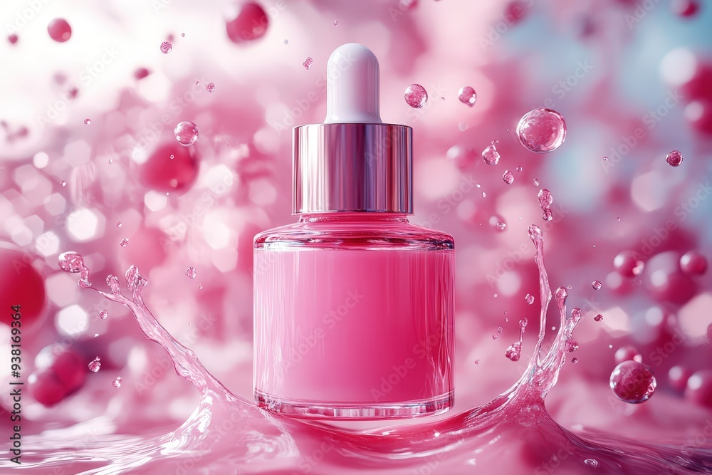 Pink Elixir: A pink serum bottle makes a splash, surrounded by droplets and a bokeh effect, capturing the essence of beauty and skincare. Pink Elixir: A pink serum bottle makes a splash, surrounded by droplets and a bokeh effect, capturing the essence of beauty and skincare.