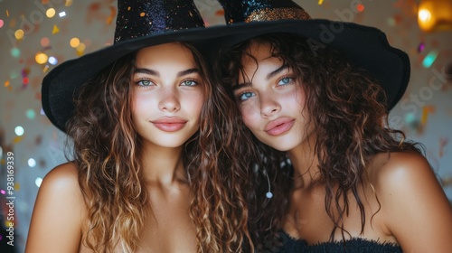 Two friends celebrating with confetti in Halloween costumes at a festive gath...