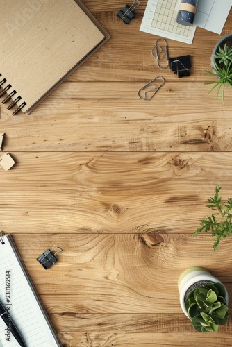 A wooden table with a notebook, a pen, a pair of scissors, and a pair of clips