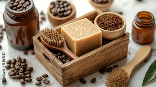 Natural coffee soap and scrub products arranged on a wooden tray with coffee ...