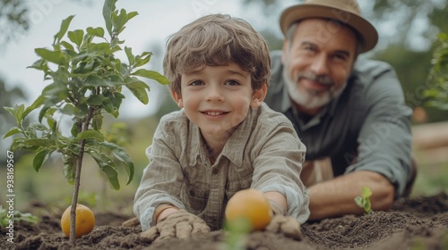 A young boy smiles while planting an orange tree with his grandfather in the ...