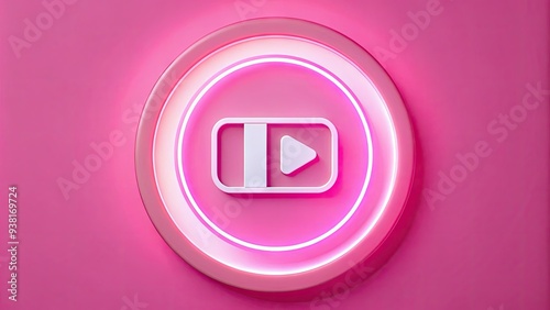 Brightly lit circular icon with a white video camera symbol on a pink background, representing social media live streaming and online broadcasting. photo