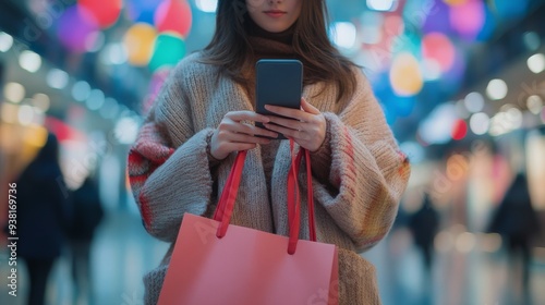 Woman in yellow dress checks smartphone while holding shopping bag in garden ...