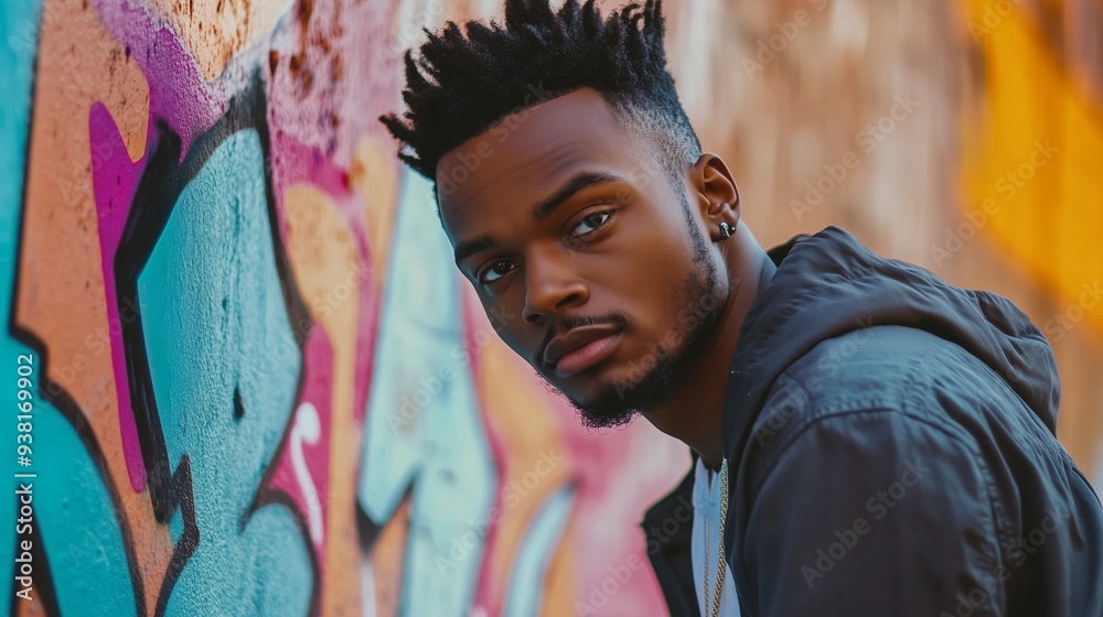Fototapeta premium Young african american man standing with confident expression against graffiti wall. Urban style photo.