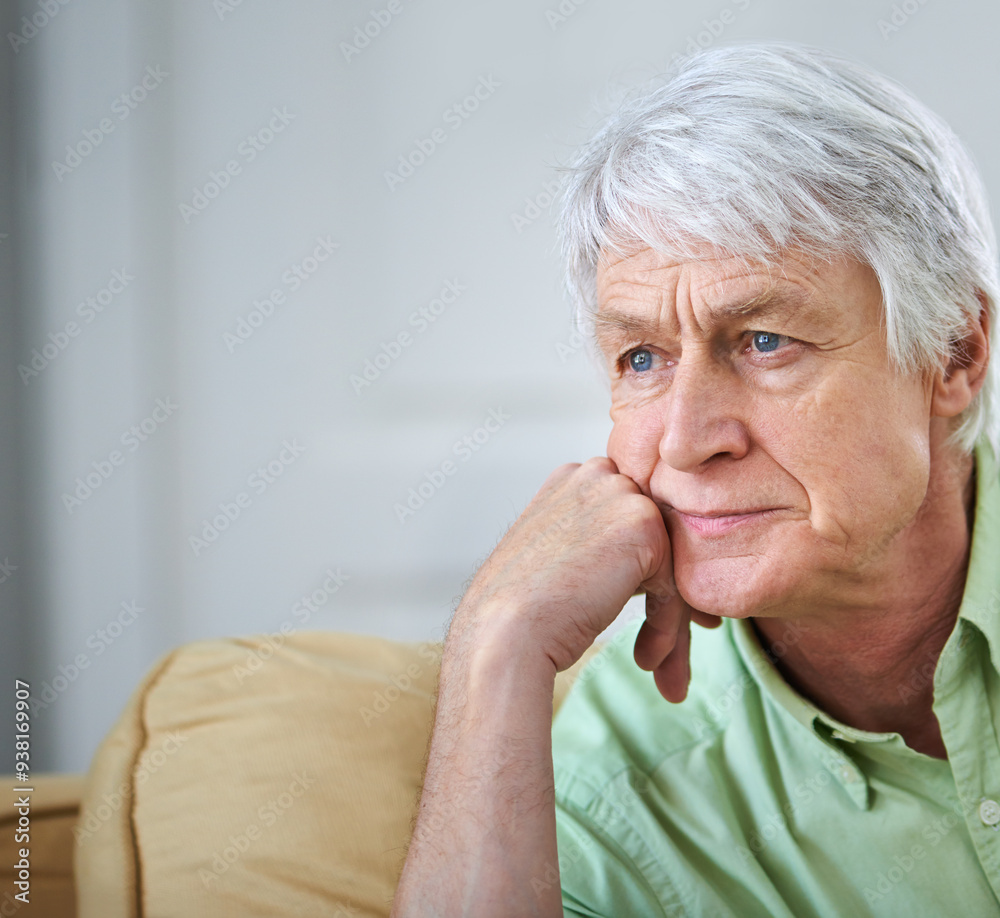 Senior man, reflection and sofa in home with ideas, memory and thinking with perspective in retirement. Elderly person, sad and remember with nostalgia, wonder and insight for decision in living room Senior man, reflection and sofa in home with ideas, memory and thinking with perspective in retirement. Elderly person, sad and remember with nostalgia, wonder and insight for decision in living room
