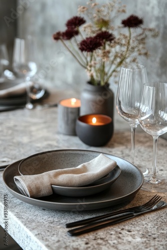 Elegant dining table set with neutral decor and glassware in a bright indoor ...