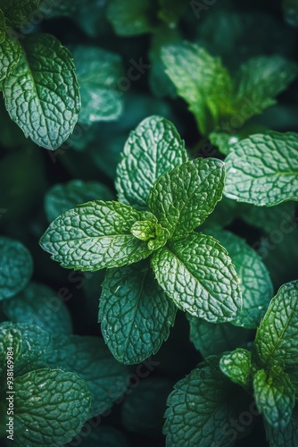 Fresh mint leaves arranged closely under soft lighting in a garden setting