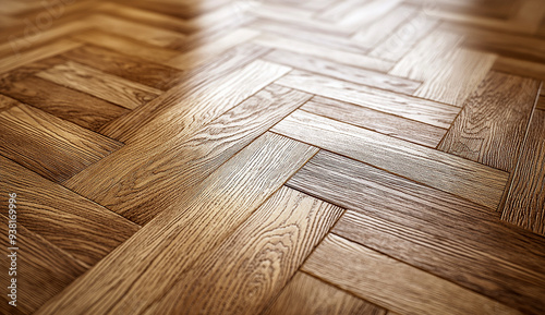 A close-up shot of light wood herringbone flooring, showcasing the intricate patterns and textures that make it perfect for commercial settings like restaurants or exhibition areas