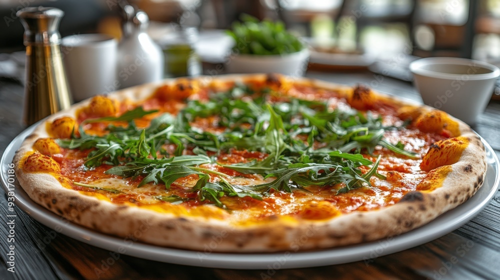 Freshly baked pizza topped with arugula served in a rustic restaurant setting Freshly baked pizza topped with arugula served in a rustic restaurant setting