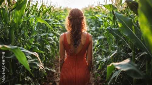 Young woman in a red dress walking through a cornfield at sunset