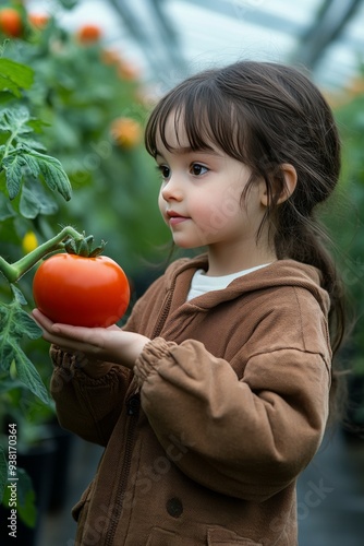 Child picking fresh tomatoes in a vibrant greenhouse during daylight