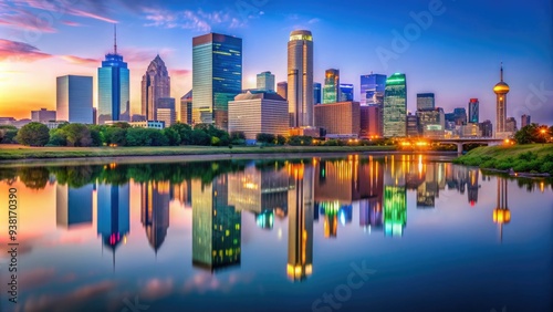 Bright skyscrapers and towering high-rises illuminate the vibrant downtown Dallas cityscape at dusk, with reflections shimmering on the tranquil waters of the Trinity River. photo