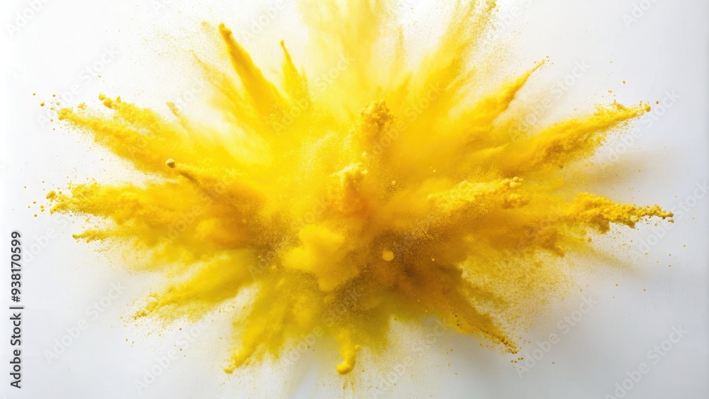 Bright yellow powder bursts into the air, creating a vibrant splash with a dynamic, explosive motion, against a clean white background. Bright yellow powder bursts into the air, creating a vibrant splash with a dynamic, explosive motion, against a clean white background.