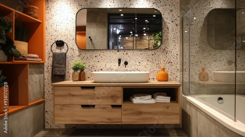 Modern bathroom interior with wooden vanity and speckled wall design in conte...
